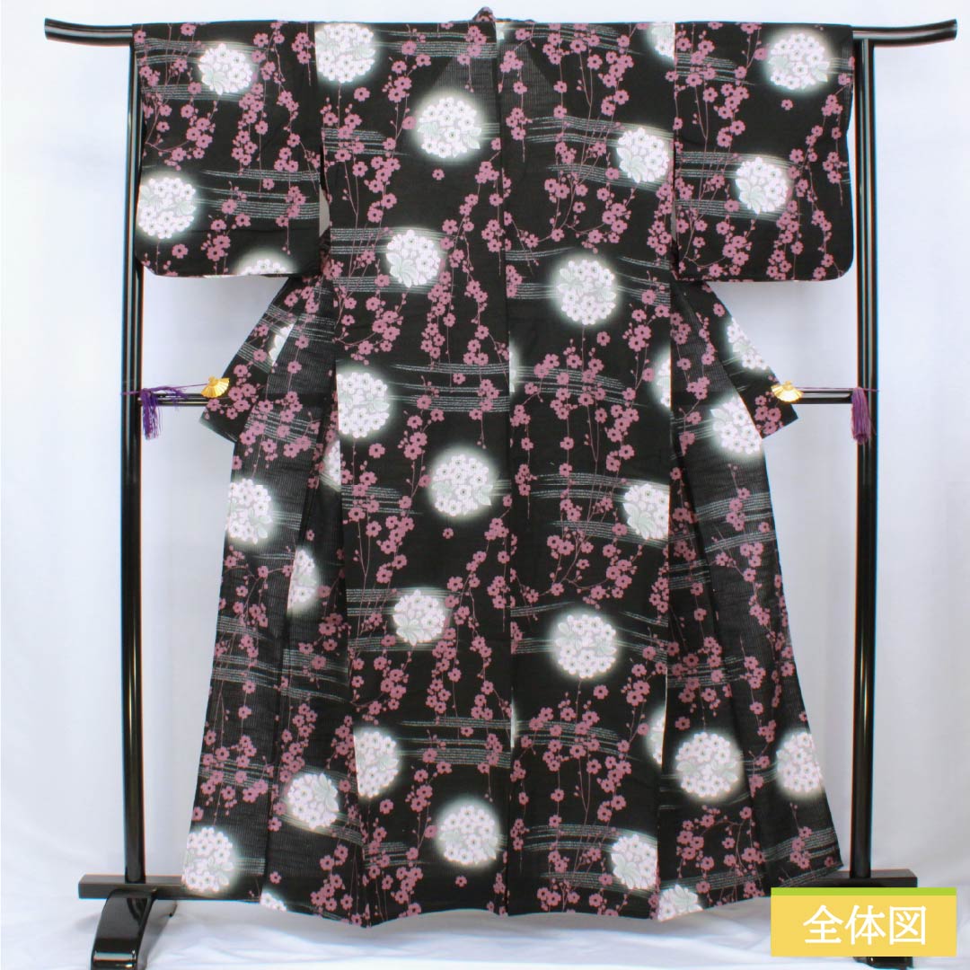 浴衣 木綿 身丈159cm 裄丈66cm Sランク 単衣 黒系 花 竪絽 1118006462310