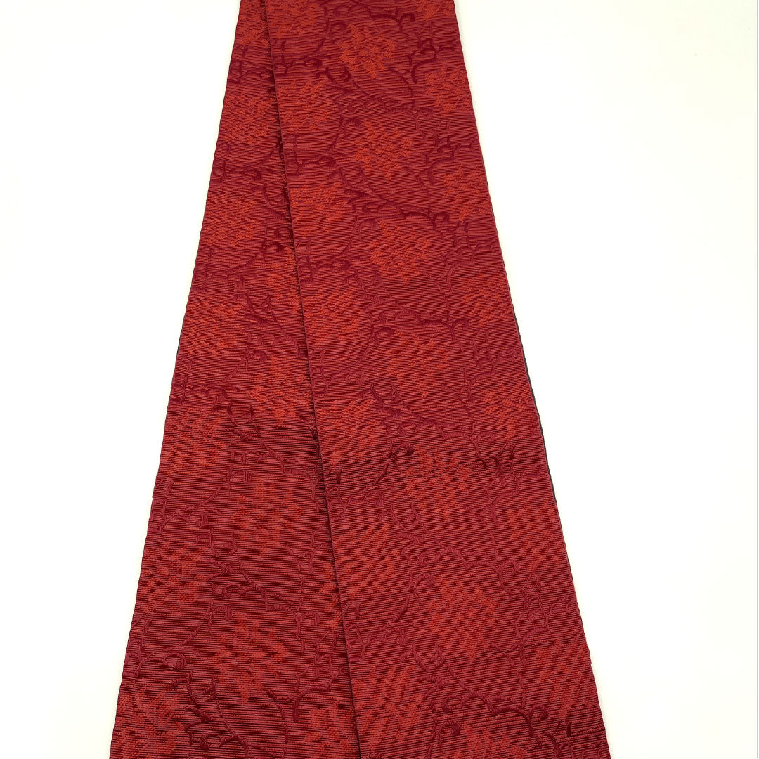 (New) Half-width obi, polyester, NEW rank, deep reddish brown and black, vine and abstract floral pattern, horizontal stripes, reversible, obi length 400cm, red family, 1125002471412