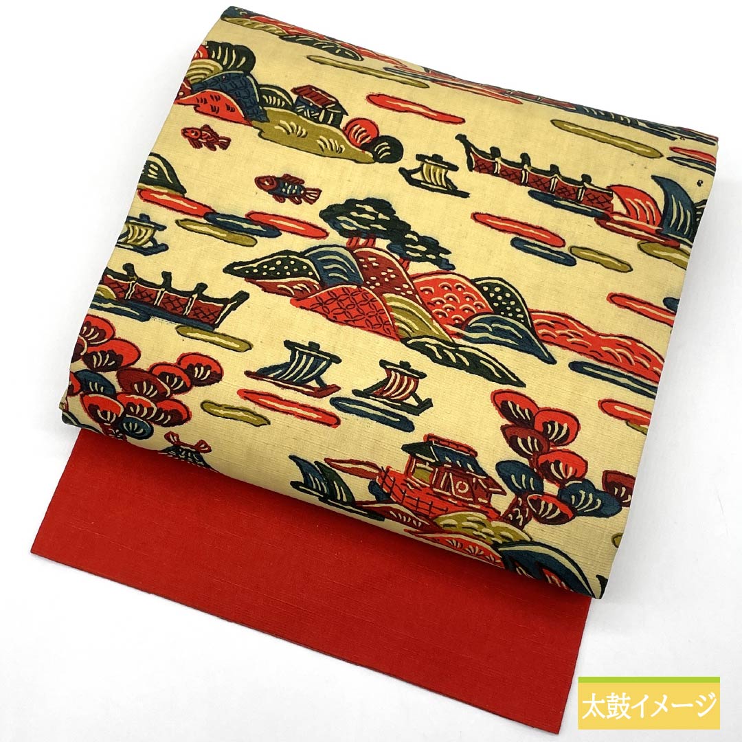 名古屋帯 淡黄色色(たんこうしょくいろ) 京紅型 風景模様 魚 帯丈356cm 正絹 Sランク 全通 カジュアル 黄系 1124007362323 名古屋仕立て