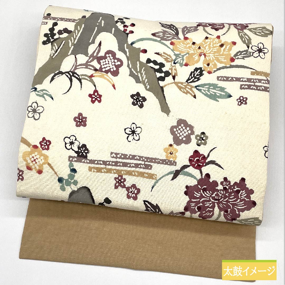 名古屋帯 胡桃色(くるみいろ) 山 抽象牡丹 梅 帯丈368cm 正絹 Sランク 六通 カジュアル ベージュ系 1124006452325 名古屋仕立て