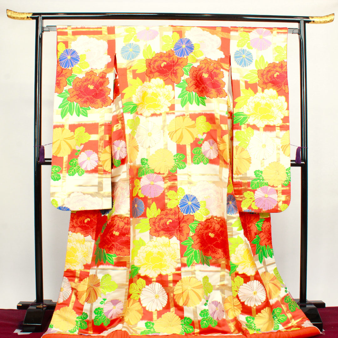 色打掛 身丈185cm 緋色 市松 花模様 正絹 Aランク 袷 朱系 1110000493916