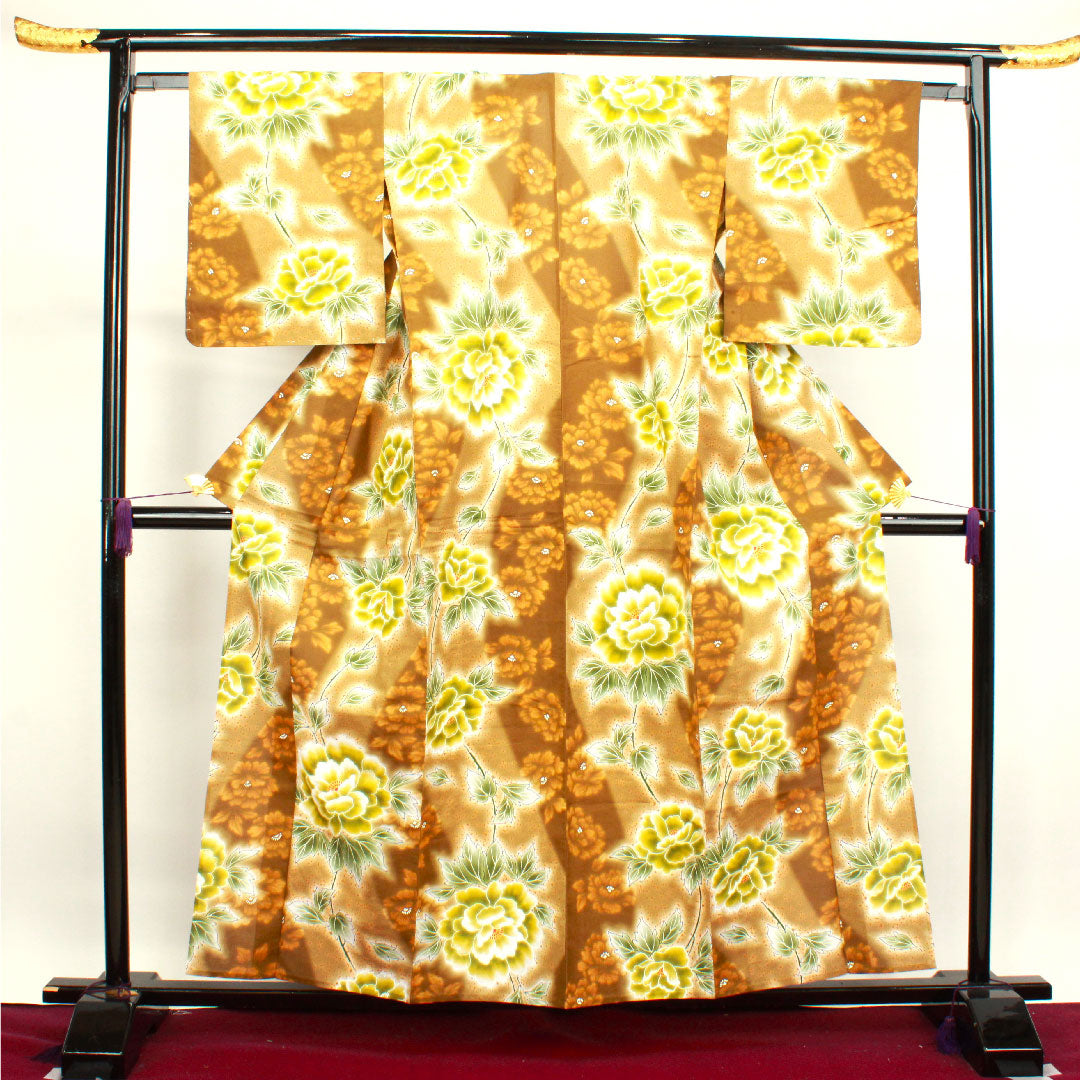 浴衣 しつけ糸付き 未使用品 団栗色 牡丹 木綿 Sランク 単衣 身丈158.5cm 裄丈63.5cm 茶系 1118002702314