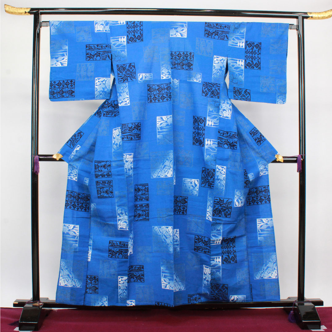 浴衣 碧瑠璃色 抽象模様 木綿 Sランク 単衣 身丈159cm 裄丈66.5cm 青系 1118002422317