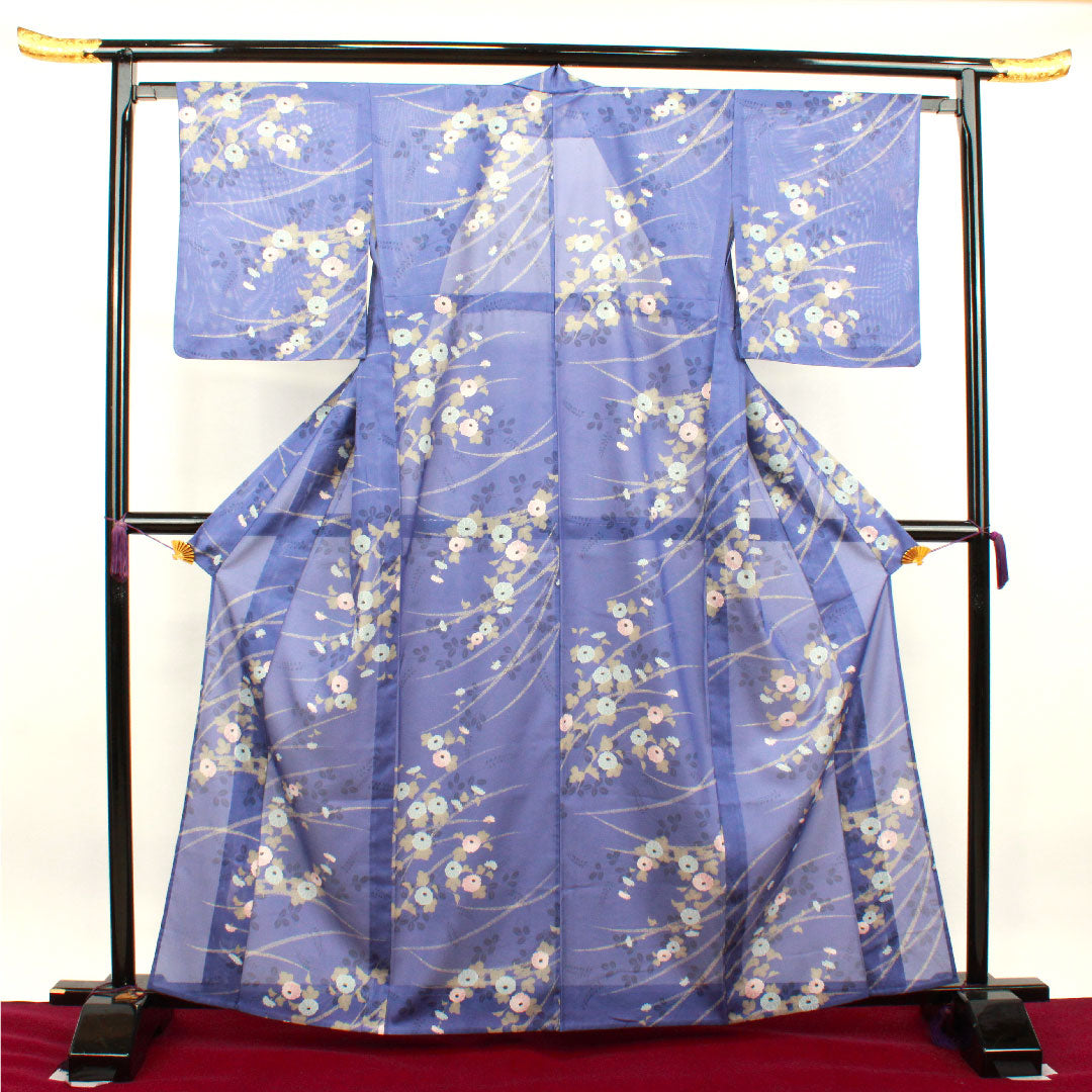 夏物 ポリエステル 小紋 身丈164cm 裄丈64cm 紺藤色(こんふじいろ) 菊 萩 洗える着物 絽 Sランク 青系 1132001742417