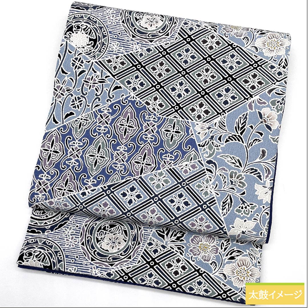 袋帯 薄藍色(うすあいいろ) 切り嵌め風 花柄 帯丈453cm 正絹 Sランク 全通 カジュアル 水色系 1123009632424