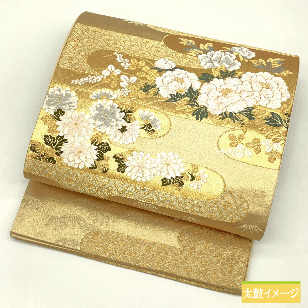 正絹 袋帯 フォーマル用 扇面花鳥 文六通柄 良品 本金二重箔 古典 六通