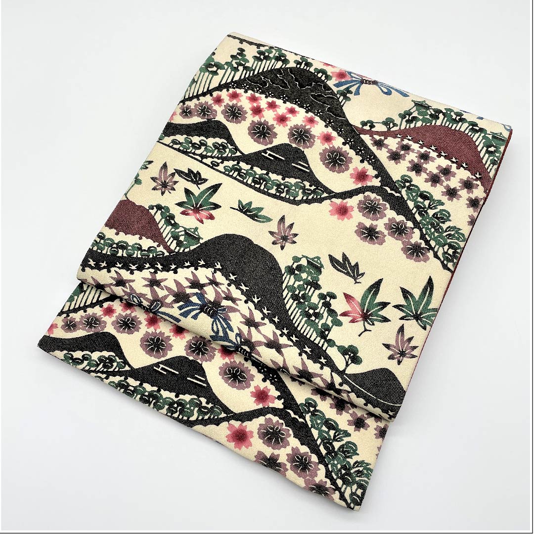 袋帯 生成り色(きなりいろ) 遠山 桜 紅葉 帯丈452cm 正絹 Aランク 全通 カジュアル クリーム系 1123005373415