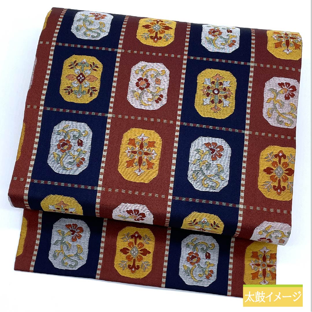 名古屋帯 正絹 蘇芳色(すおういろ) 市松 抽象花模様 帯丈358cm Sランク 六通 カジュアル 茶系 1124006412314 名古屋仕立て