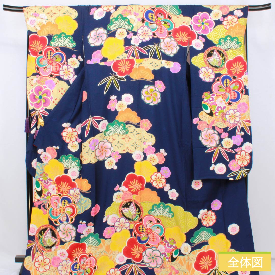 リサイクル着物】振袖 正絹 Sランク 身丈174.5cm 裄丈67.5cm 袷 紺色
