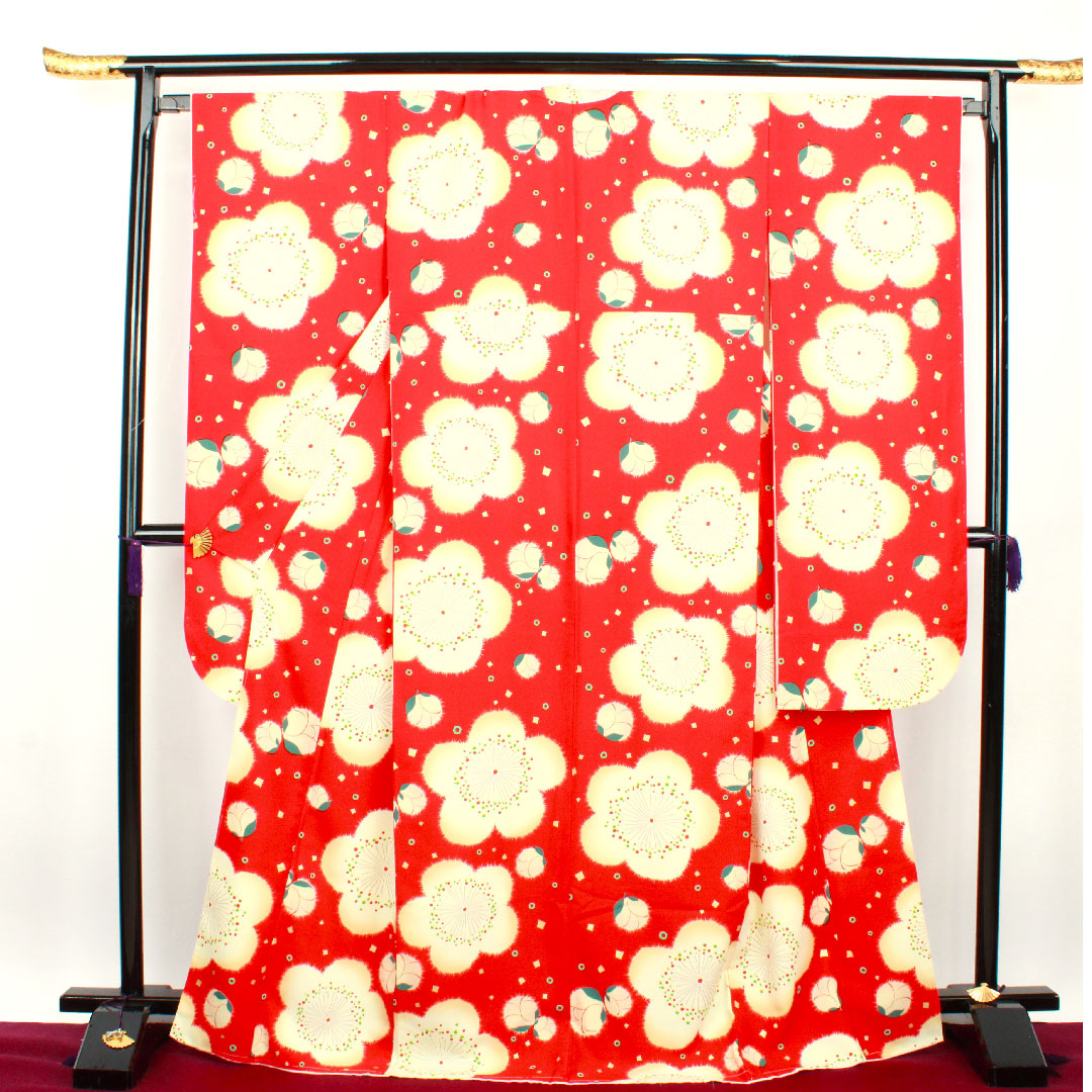 振袖 身丈171.5cm 裄丈67.5cm 袷 土耳古赤色 洗える着物 桜 ポリ Sランク 赤系 1113001082612