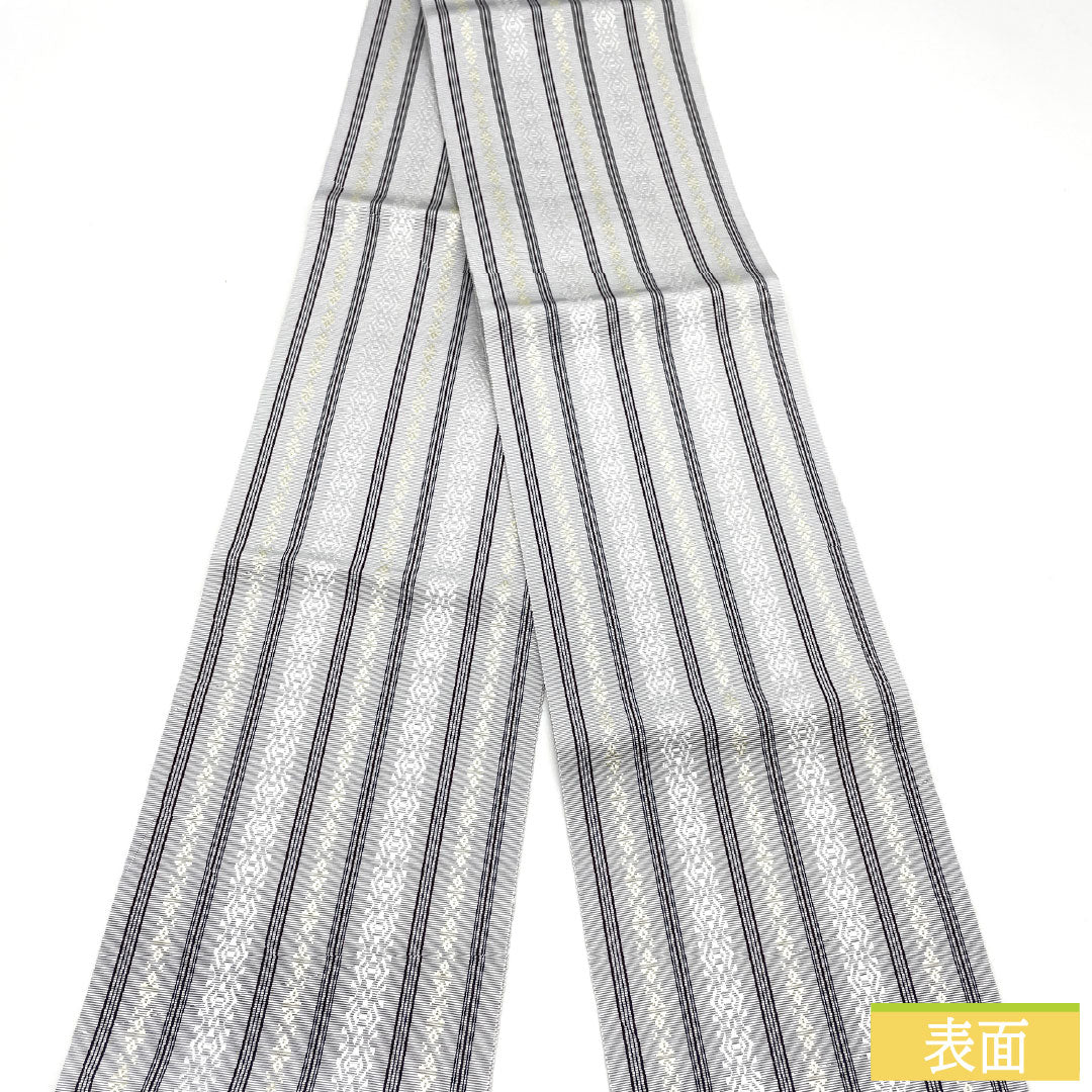 【未仕立】半幅帯 正絹 NEWランク 薄鼠色(うすねずいろ) 本場筑前博多織 献上柄 独鈷 孝行縞 華皿 帯丈380cm グレー系 1125001871322