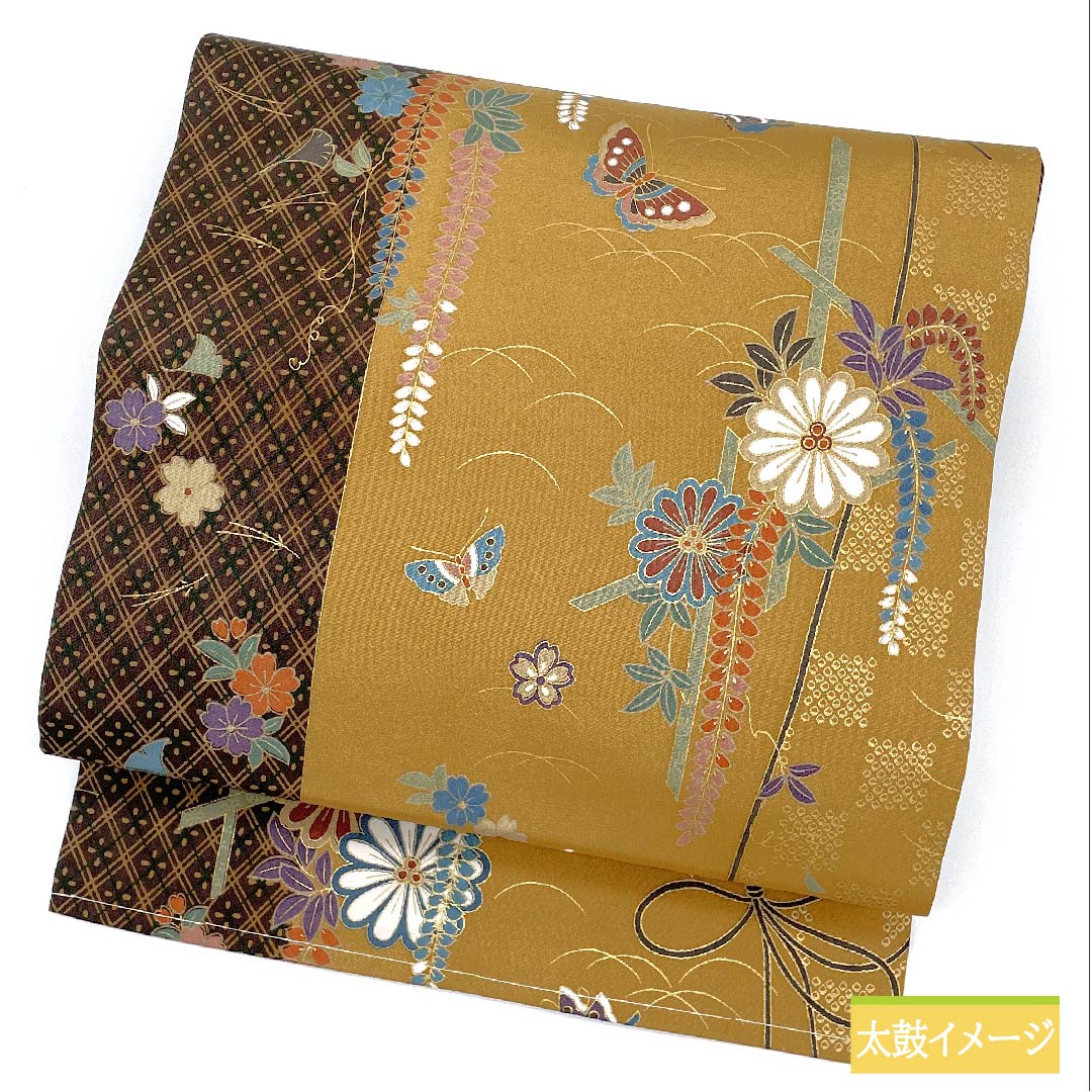 名古屋帯 山吹鼠色(やまぶきねずいろ) 菊 藤の花 蝶 帯丈372cm 正絹 Sランク 全通 セミフォーマル ベージュ系 1124006522325 名古屋仕立て