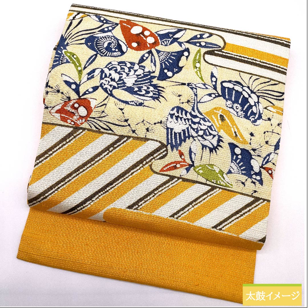 名古屋帯 忘れ草色 型染 鶴 紬地 帯丈362cm 正絹 Sランク ポイント柄 カジュアル 橙系 1124005482326 名古屋仕立て