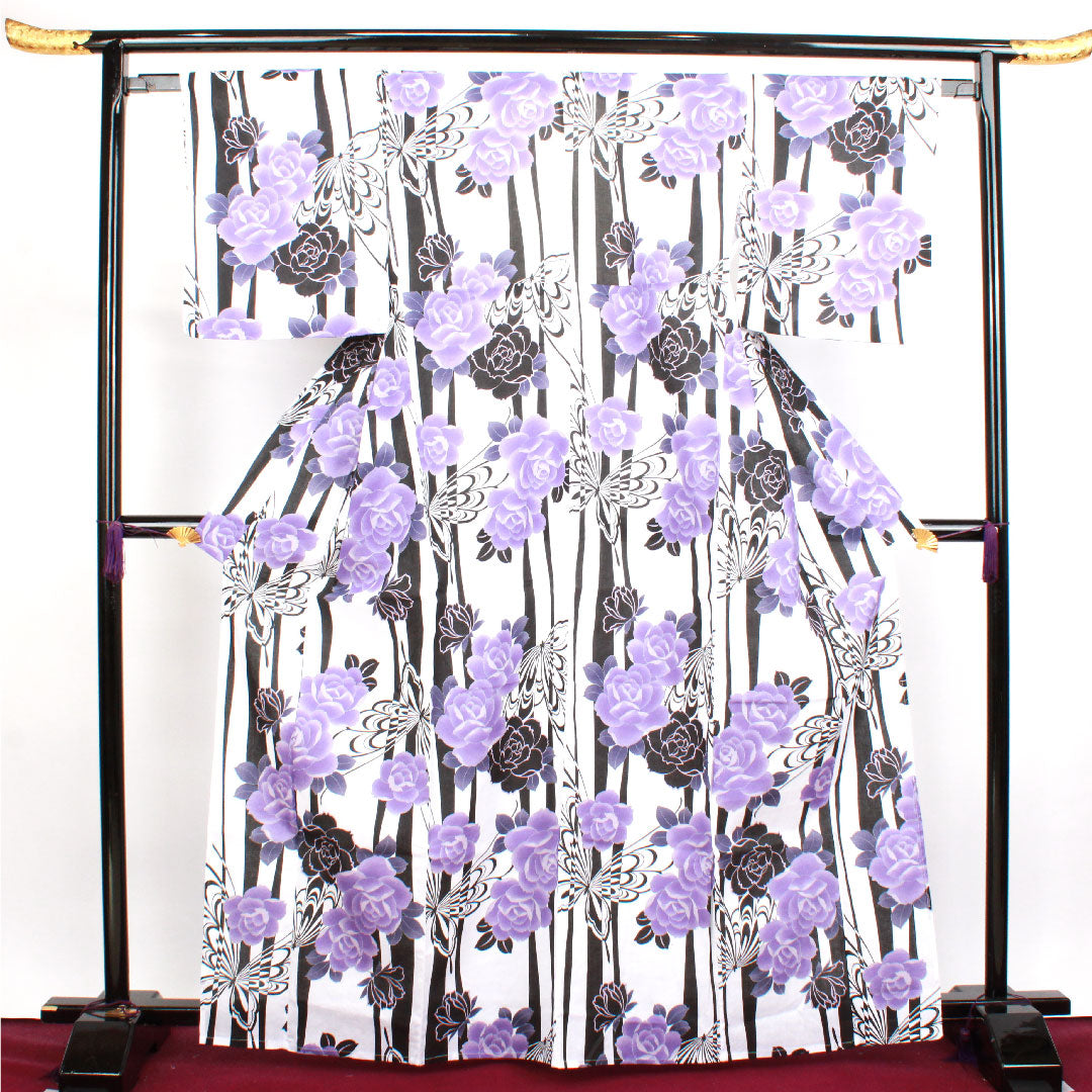 浴衣 モノトーン 蝶 薔薇 木綿 Sランク 単衣 身丈167cm 裄丈63.5cm 白系 1118001312511