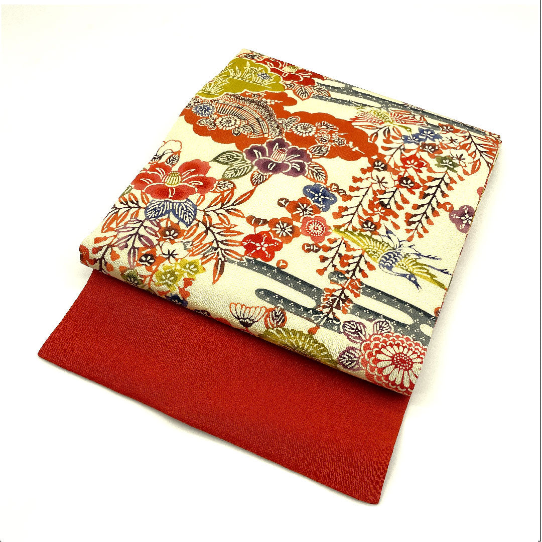 名古屋帯 京紅型 染め帯 縮緬 草花模様 帯丈395.5cm 正絹 Aランク 六通 カジュアル クリーム系 1124001963315 名古屋仕立て