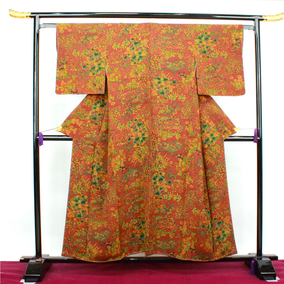 小紋 身丈154.5cm 裄丈61.5cm 袷 錆色 しつけ糸付き 草花模様 正絹 Aランク 茶系 1115003203214