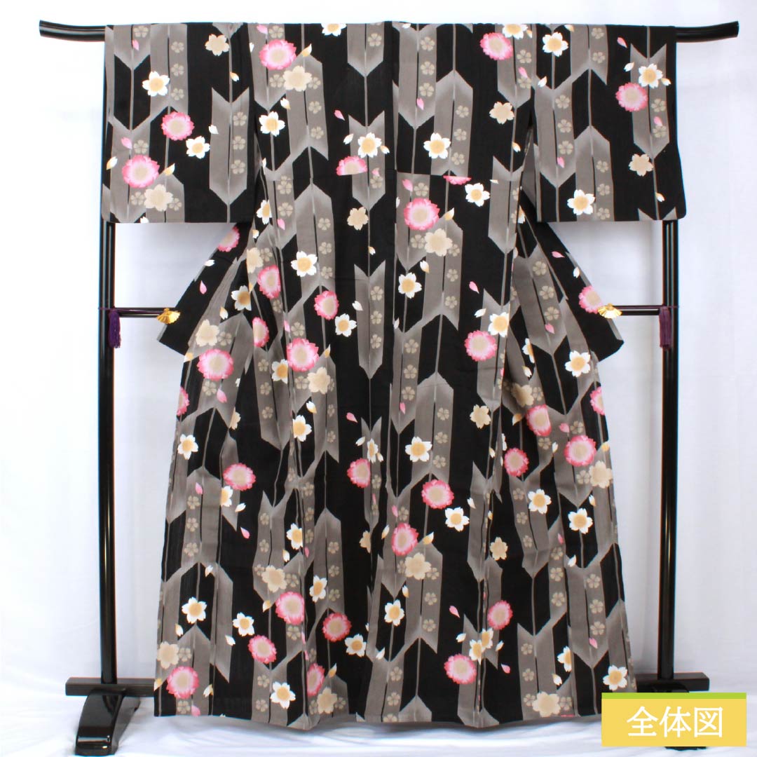 浴衣 木綿 身丈163cm 裄丈68.5cm Sランク 単衣 グレー系 素鼠色(すねずいろ) 桜 1118005502422