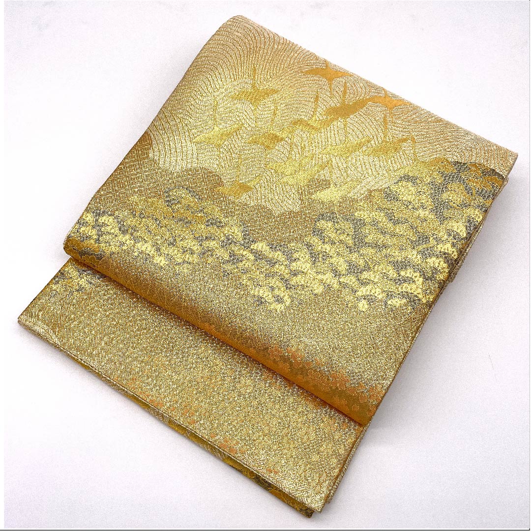 袋帯 金色 佐賀錦 桜 鶴 帯丈450cm 正絹 Aランク 六通 フォーマル 金系 1123006063321