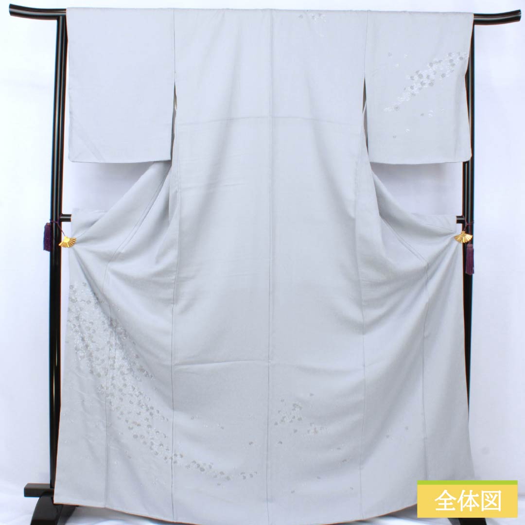 訪問着 正絹 Bランク 袷 身丈168cm 裄丈62cm 白銅色(はくどういろ) 蘇州刺繡 草花 流水 しつけ糸付き グレー系 1112007524522