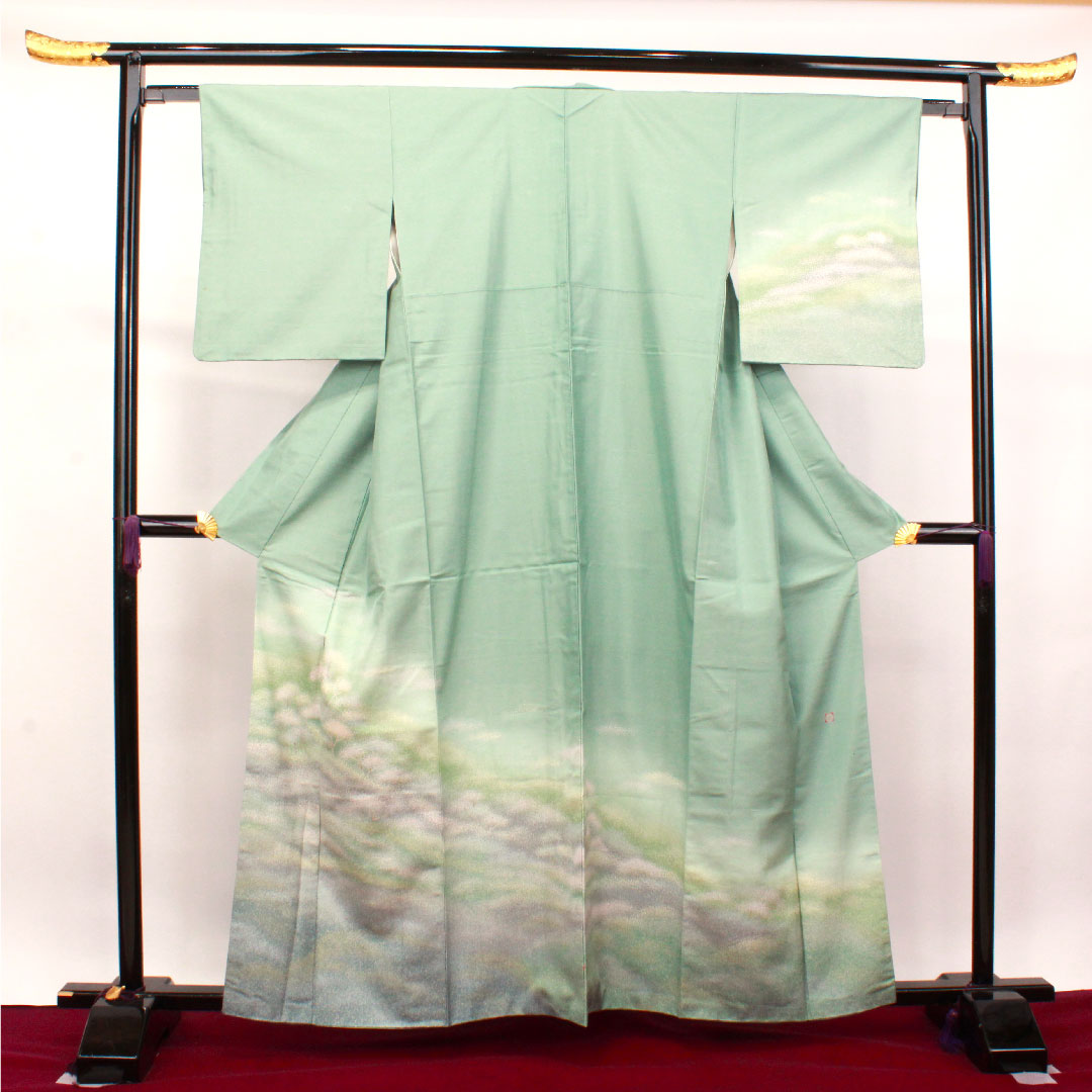 訪問着 正絹 袷 身丈161cm 裄丈62.5cm 豆青色 牛首紬 抽象模様 Aランク 緑系 1112003263419