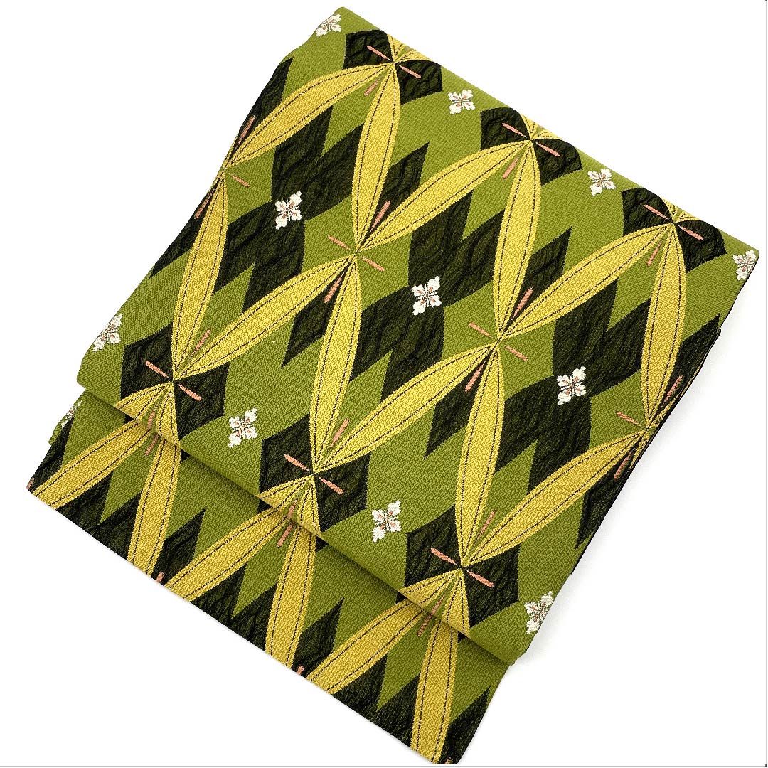 名古屋帯 草色 櫛織 変わり七宝 帯丈384cm 正絹 美品 六通 カジュアル 緑系 1124004002319 名古屋仕立て