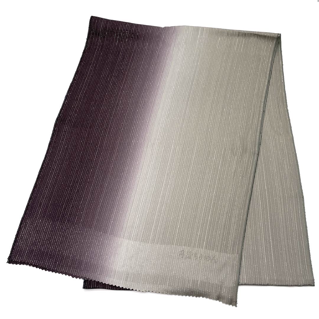 (新品)帯揚げ 正絹 セミフォーマル 消炭鼠色(けしずみねずみいろ) 深紫色(ふかむらさきいろ) 2色ぼかし 銀糸 長さ約187cm 幅約33.5cm NEWランク グラデーション系 1136000691999