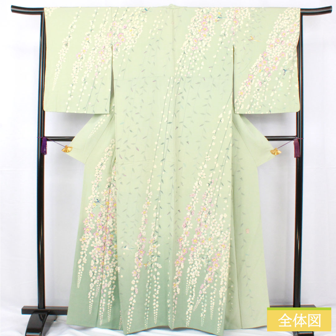 訪問着 正絹 袷 身丈165cm 裄丈63.5cm 白緑色(びゃくろくいろ) 加賀友禅 作家物 一つ紋 中陰五瓜 Aランク 緑系 1112005713519