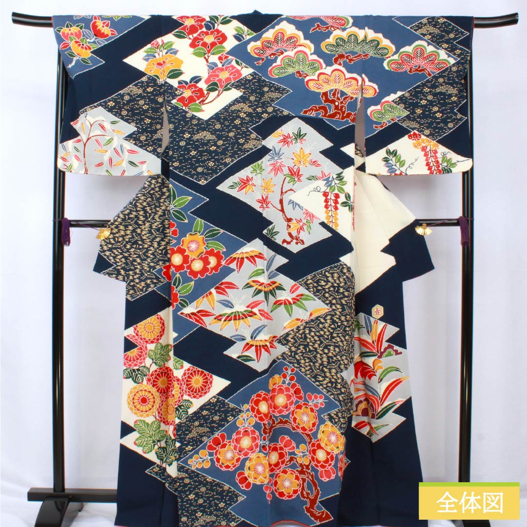 訪問着 正絹 Aランク 袷 身丈164.5cm 裄丈68cm 紺色(こんいろ) 京紅型 栗山吉三郎 栗山公房 紺系 1112006443418