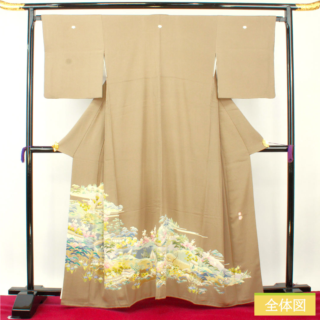 彩色留袖、纯丝、长度161厘米、袖长66厘米、衬里、壁灰色、京加贺友禅、暗襟、山水纹、三个徽章、常春藤、A级、棕色、1111001403414