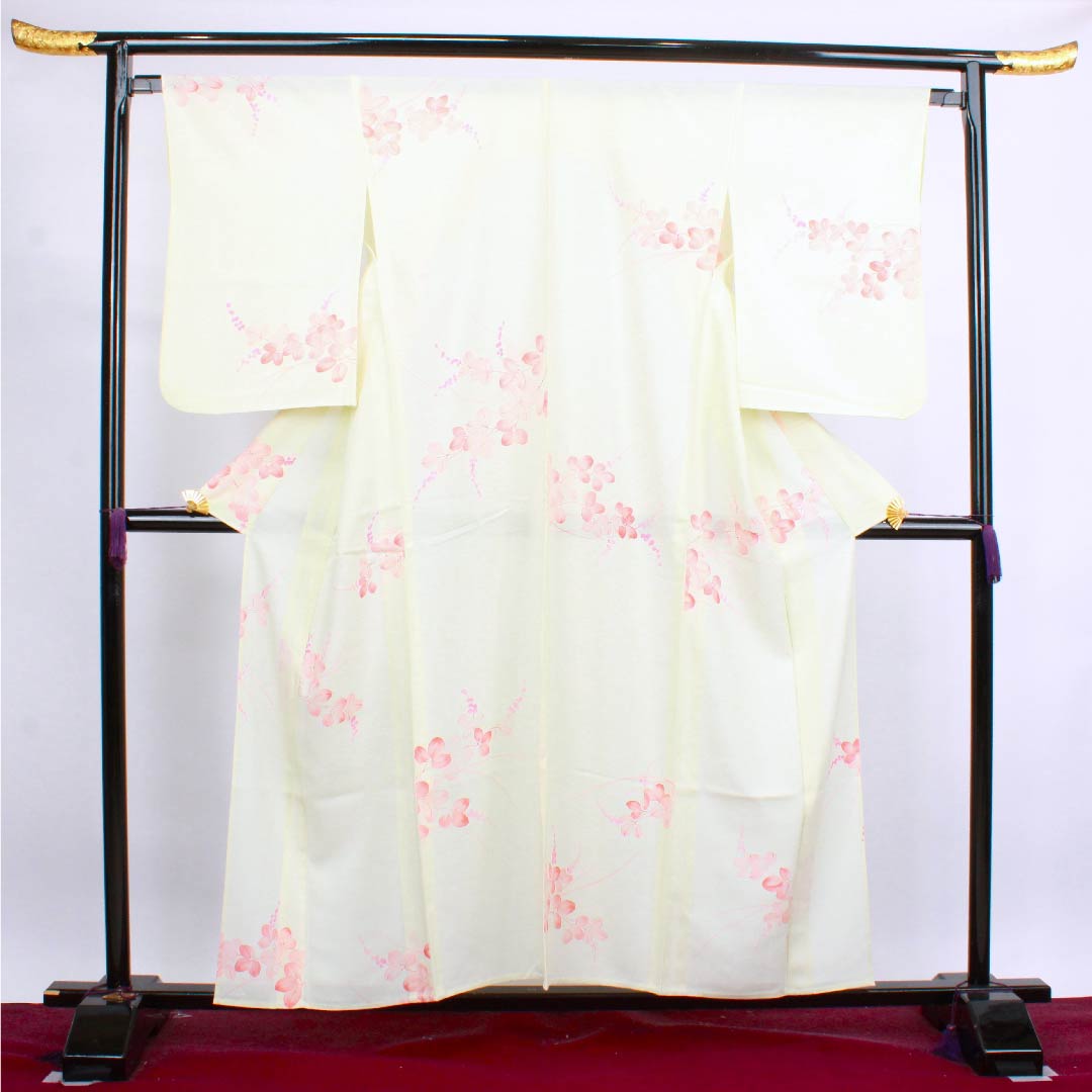 夏物 正絹 小紋 身丈157.5cm 裄丈64.5cm 白百合色(しらゆりいろ)萩 絽 Bランク クリーム系 1132000044315