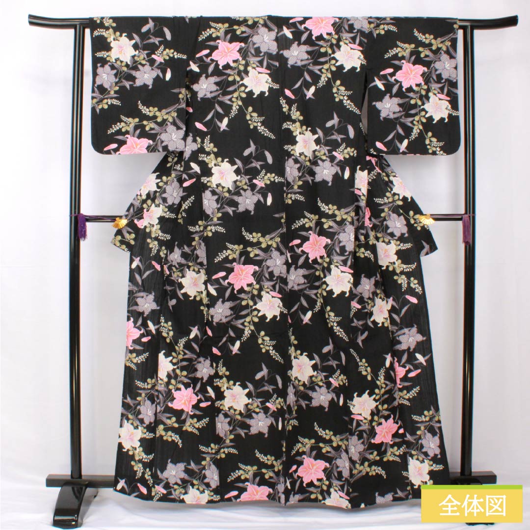 浴衣 木綿 身丈161.5cm 裄丈62cm Sランク 単衣 黒系 百合 萩 1118005512410