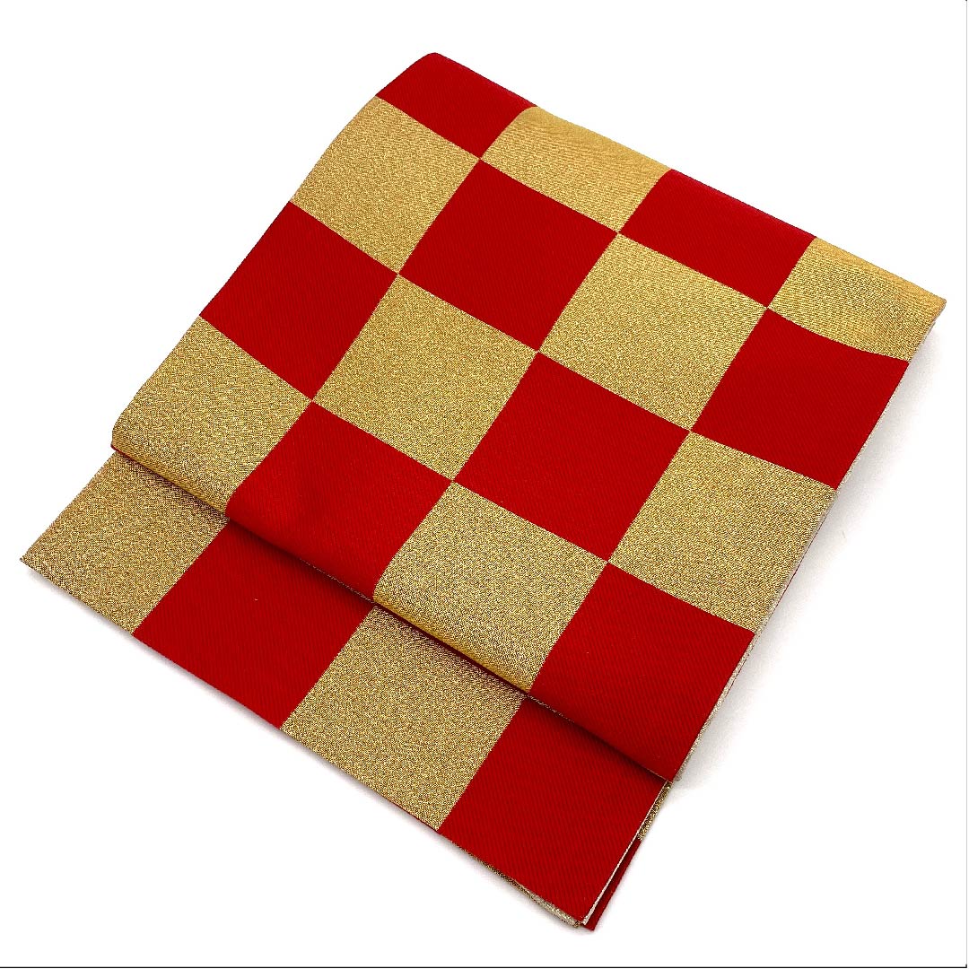 袋帯 金色 振袖用 市松 帯丈440cm 正絹 Sランク 六通 フォーマル 金系 1123006212321