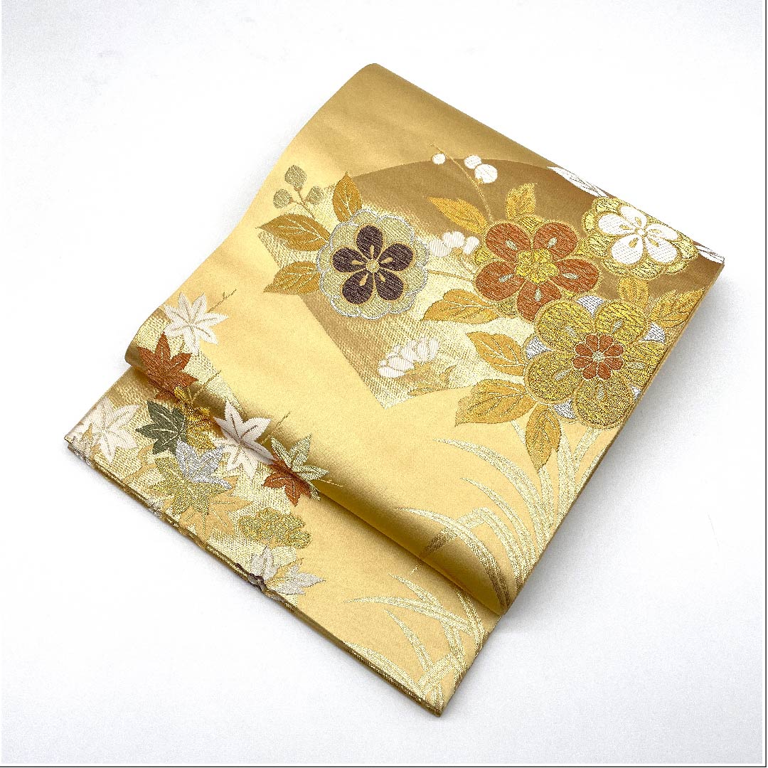 袋帯 金色 梅 紅葉 扇面 帯丈432cm 正絹 Aランク 六通 フォーマル 金系 1123005573321