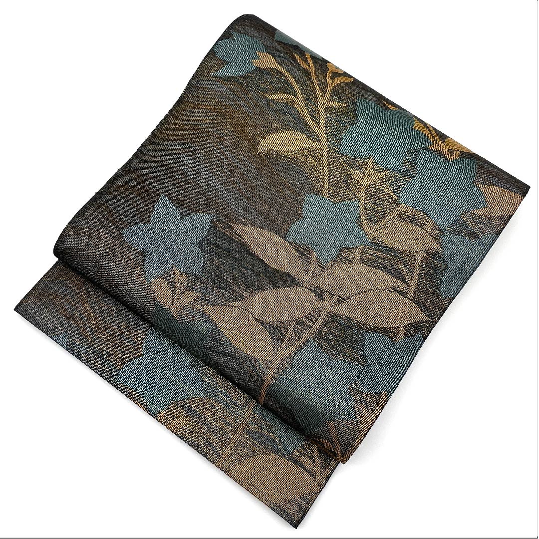 袋帯 黒鼠色(くろねずいろ) 夏帯 花模様 帯丈422cm 正絹 Aランク 全通 フォーマル 黒系 1123007323310