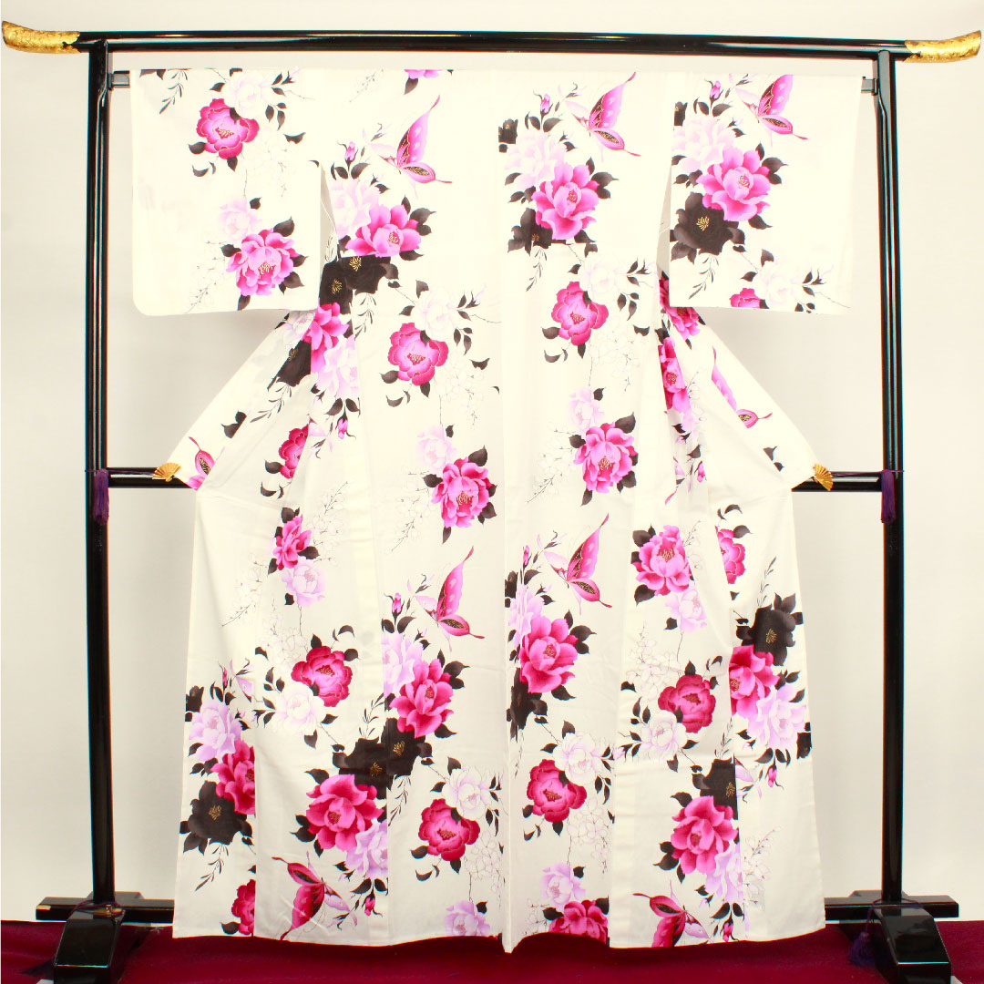 浴衣 蝶 薔薇 山本寛斎 Kansai 木綿 Sランク 単衣 身丈162.5cm 裄丈68.5cm 白系 1118001842411