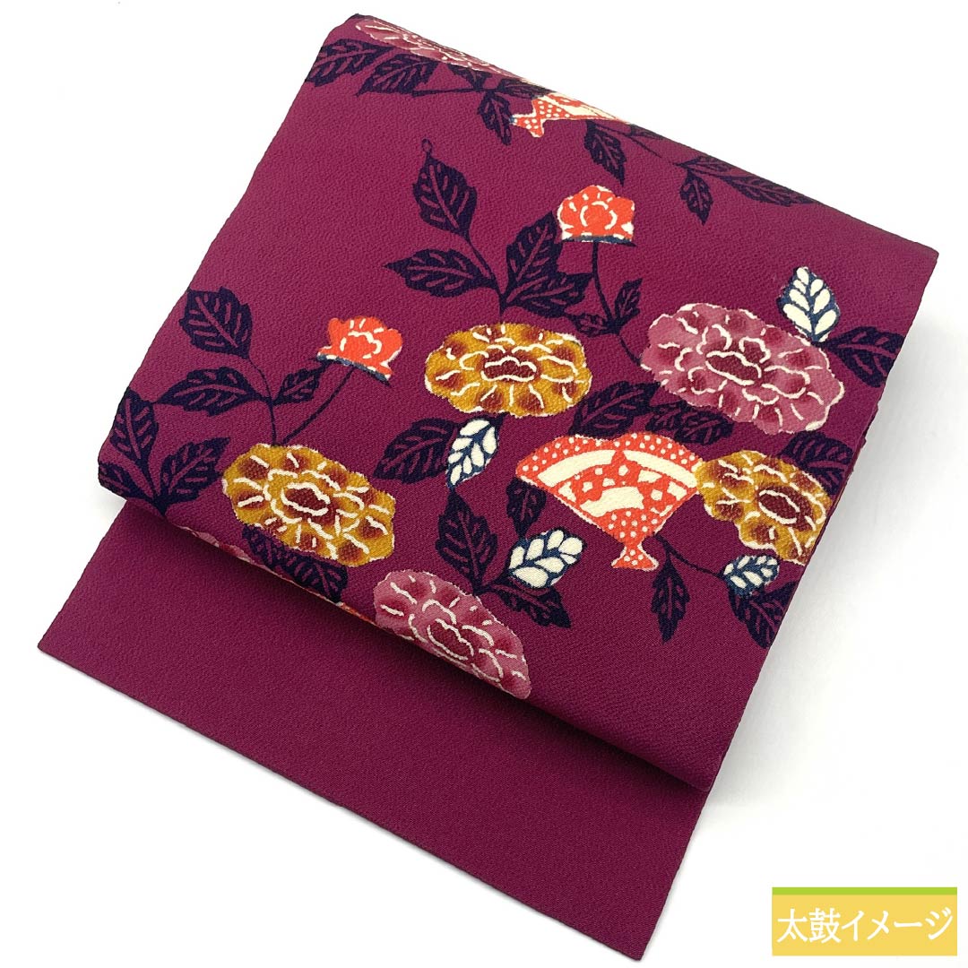 名古屋帯 正絹 Aランク 赤紫色(あかむらさきいろ) 京紅型 扇面 花模様 帯丈368cm 全通 カジュアル 紫系 1124009283320 名古屋仕立て