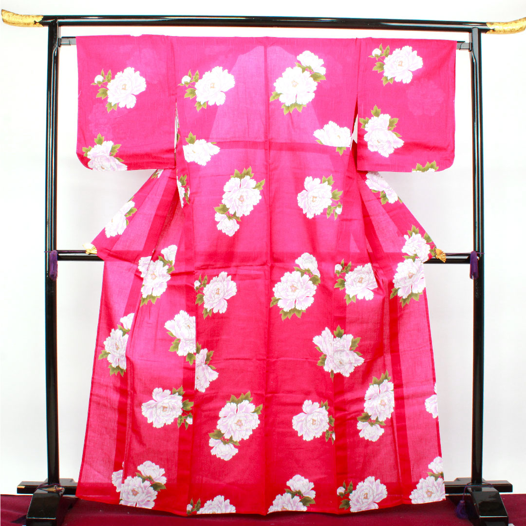 浴衣 躑躅色 山茶花 木綿 Sランク 単衣 身丈166.5cm 裄丈67cm ピンク系 1118001992513