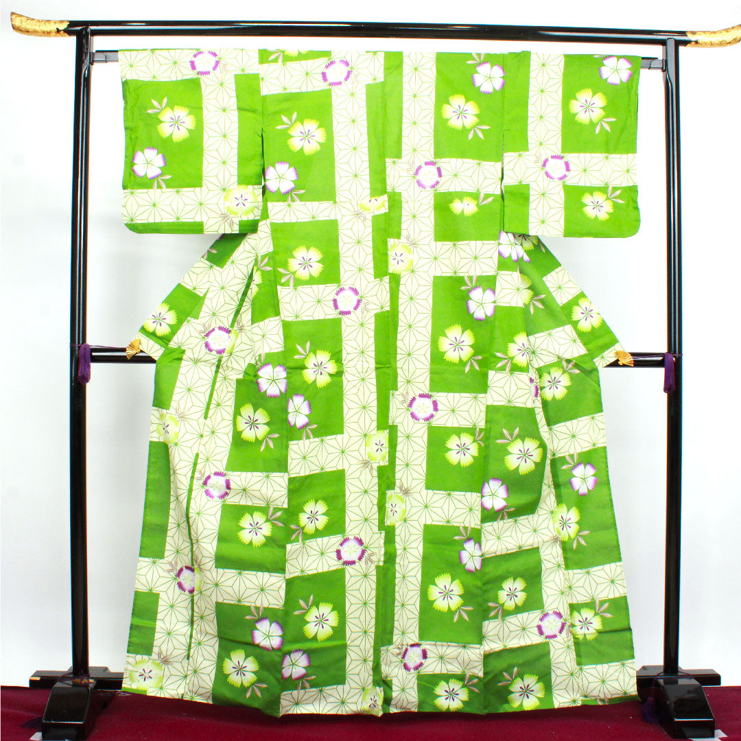 浴衣 常盤色 撫子 麻の葉 木綿 Sランク 単衣 身丈165.5cm 裄丈66cm 緑系 1118002722519