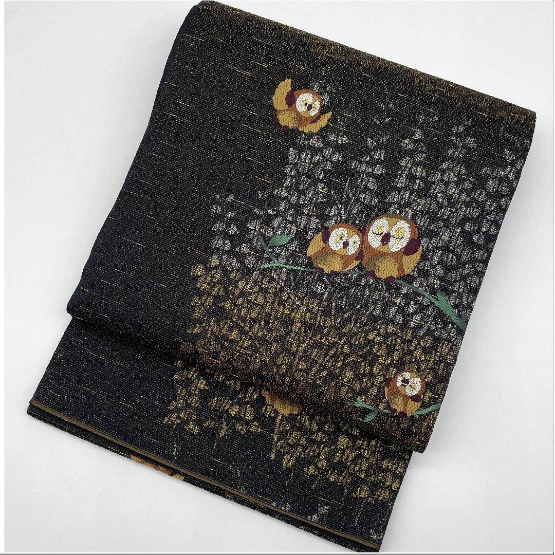 袋帯 黒色 ふくろう 帯丈434cm 正絹 Aランク 六通 カジュアル 黒系 1123008853310