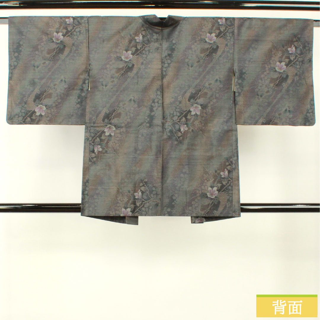 羽織 正絹 身丈80.5cm 裄丈63cm 大島紬 緯総絣 草花模様 Sランク 袷 グレー系 1117001172922