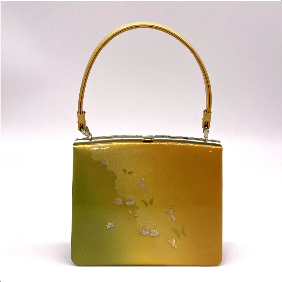 和装バック フォーマル 金茶色(きんちゃいろ) 苗色(なえいろ) 螺鈿細工 蝶々 橙系 Sランク 113900020226