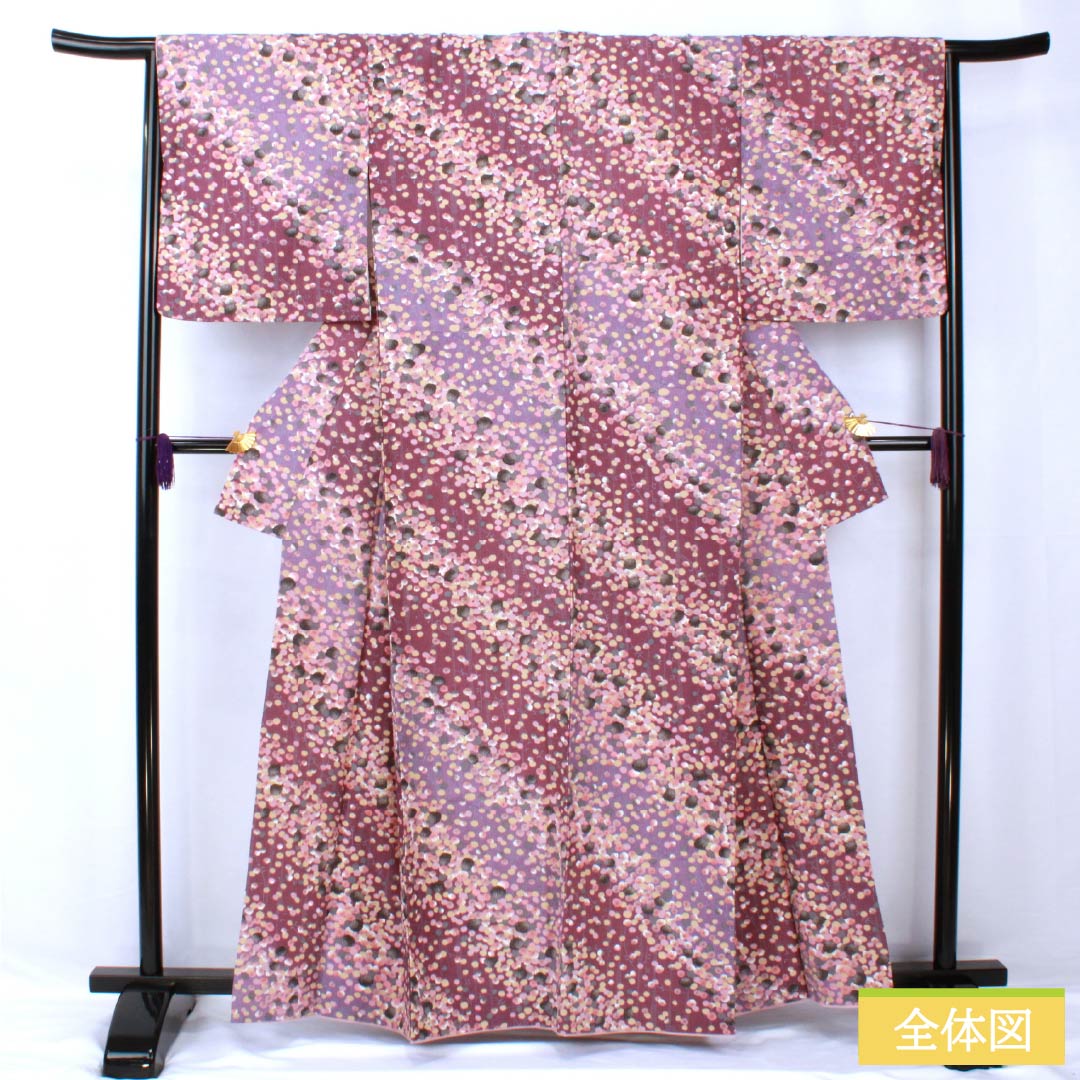 小紋 ポリエステル 身丈161.5cm 裄丈66cm 袷 蒲萄色(えびいろ) 古代紫色(こだいむらさきいろ) 型染 抽象柄 洗える着物 Aランク 紫系 1115005543420