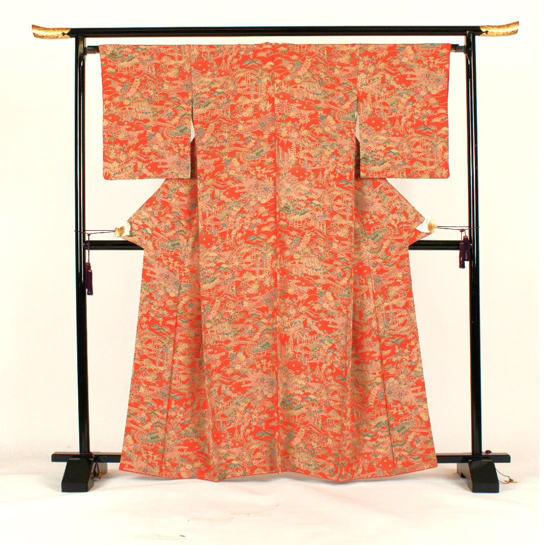 小紋 身丈163.5cm 裄丈67cm 袷 茶屋辻模様 正絹 Sランク 朱系 1115001642416