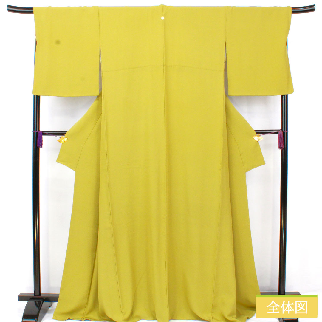 色無地 正絹 身丈167.5cm 裄丈70cm 青朽葉色(あおくちばいろ)素無地 一つ紋 鐶木瓜に花角 袷 Aランク 緑系 1114001973519