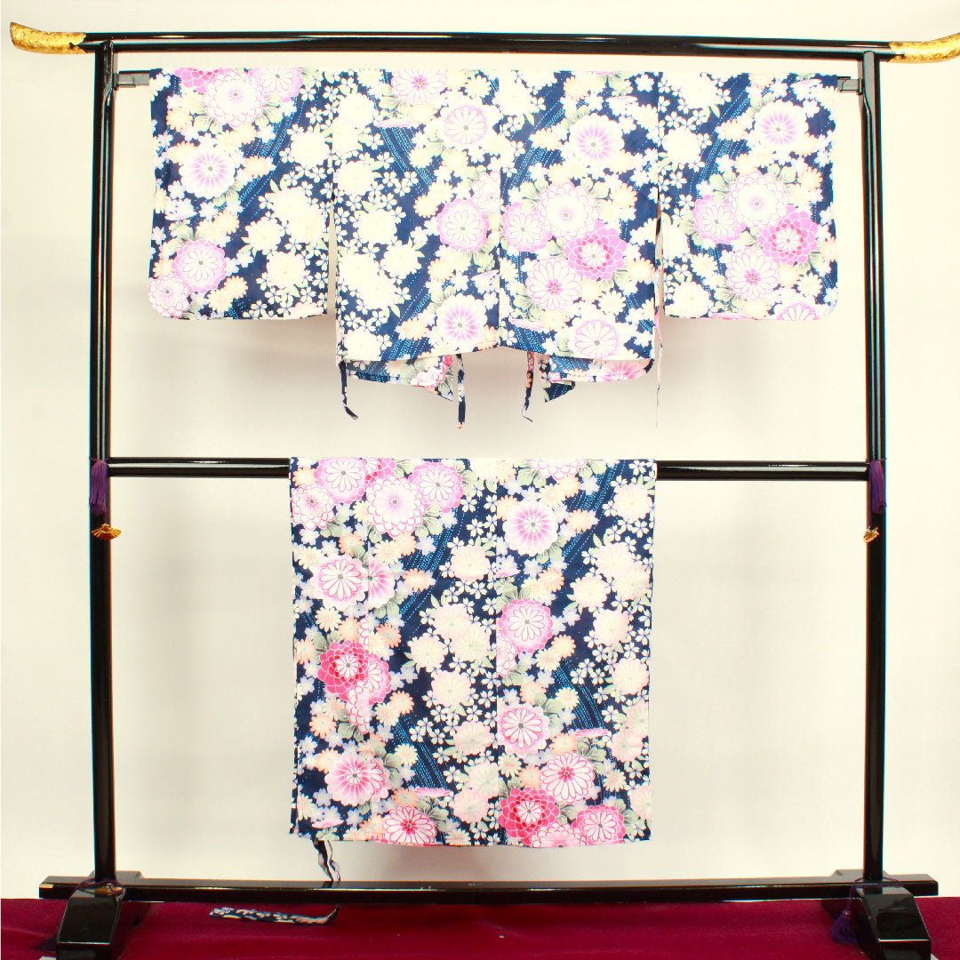 浴衣 濃紺色 二部式 草花模様 木綿 Sランク 単衣 紺系 1118001552118