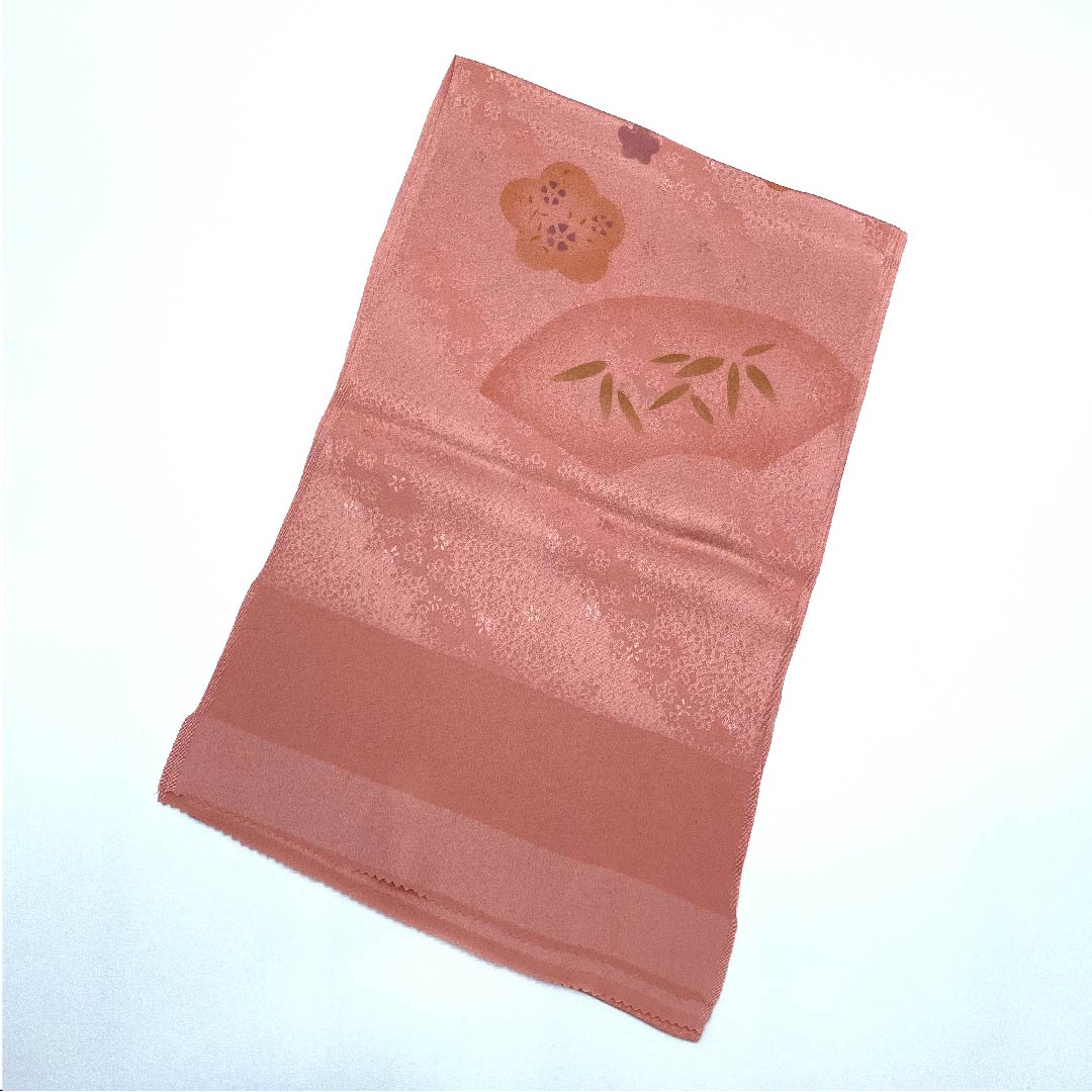 (New old stock) Formal obiage, pure silk, coral color, plum, fan surface, bamboo, length 176cm, width 29cm, S rank, pink, 1136000192913