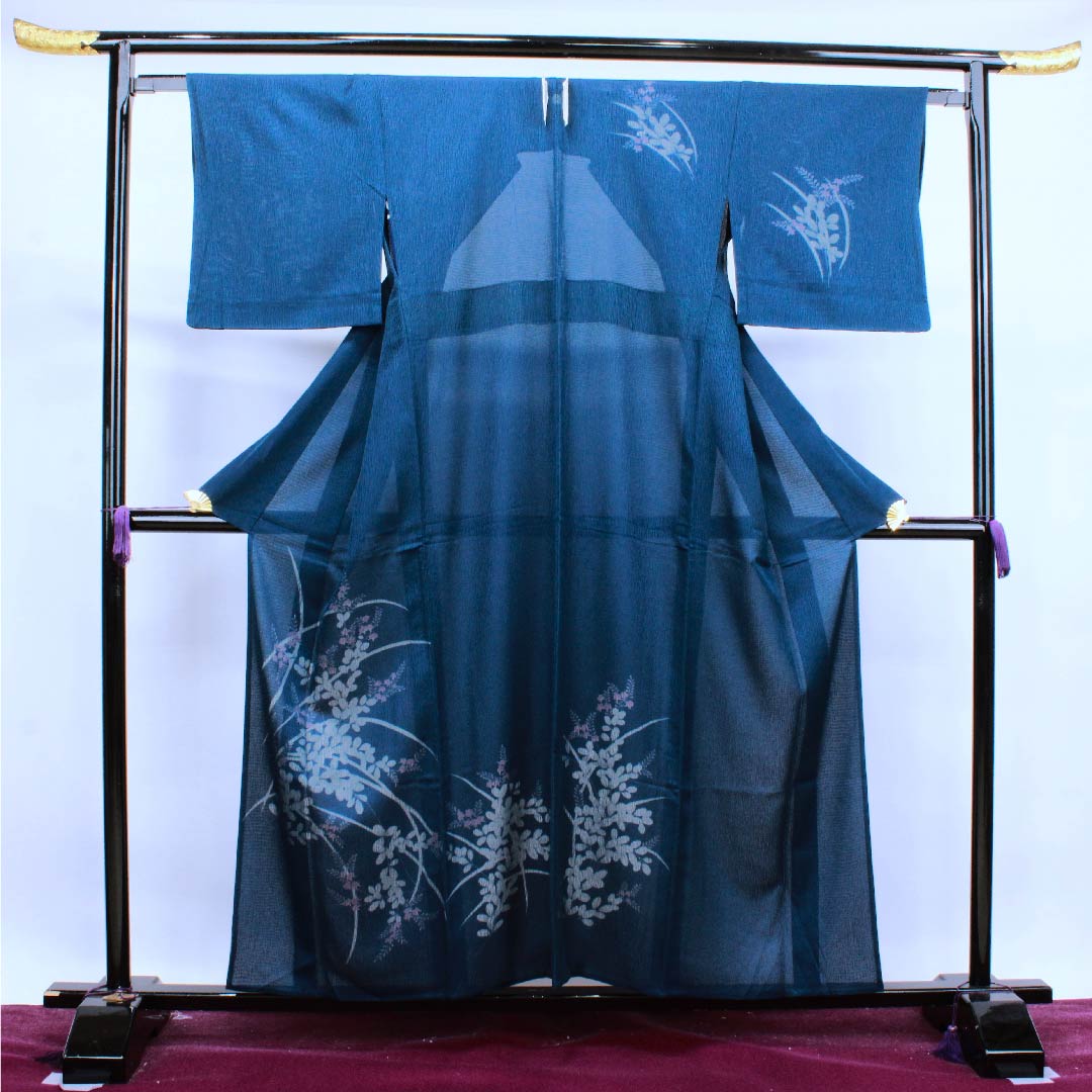 リサイクル着物】夏きもの 濃藍色 二重紗 草花模様 正絹 訪問着（付 