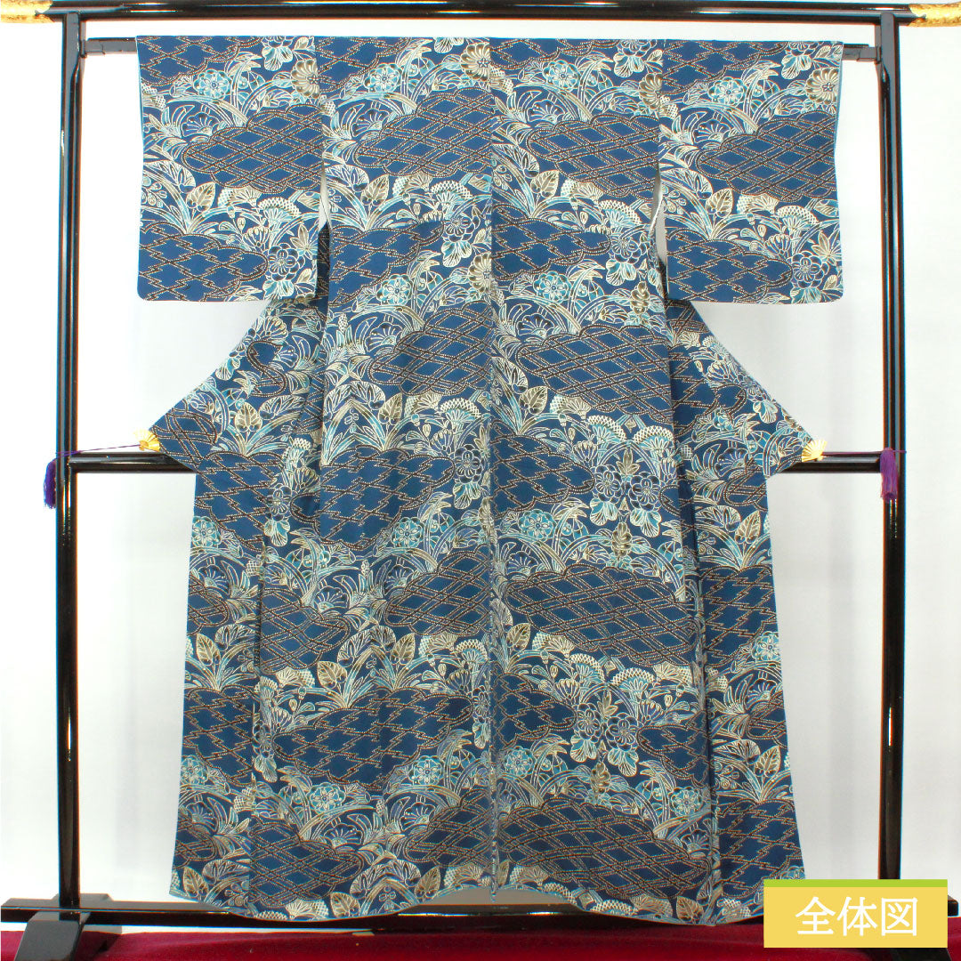 Komon, pure silk, length 156cm, sleeve length 64cm, lined, navy blue, Kyoto Bingata, auspicious motif, A rank, navy blue, 1115004283318