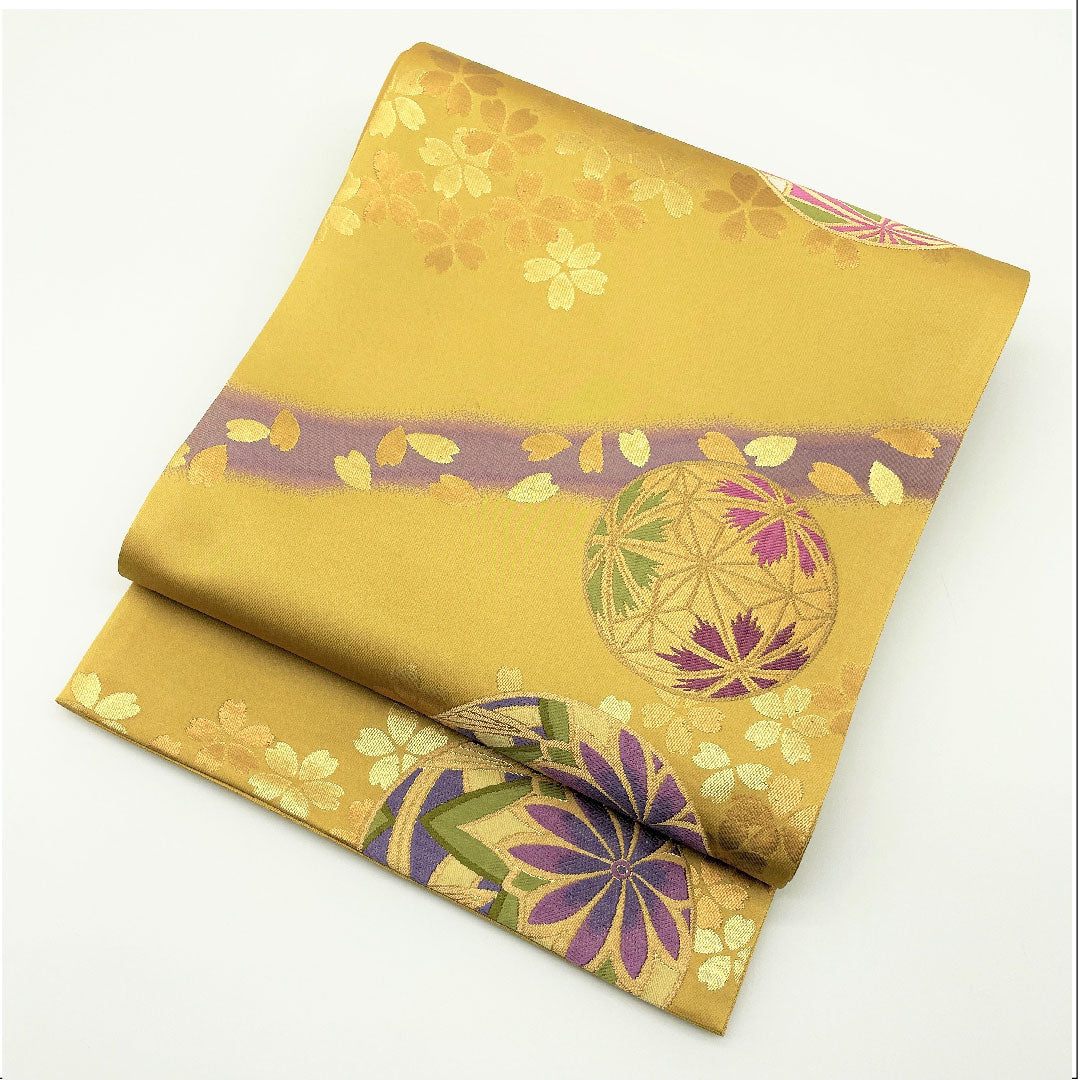 袋帯 桑染色(くわぞめいろ) 振袖用 桜 毬 帯丈444cm 正絹 Aランク 六通 フォーマル 金系 1123005183321