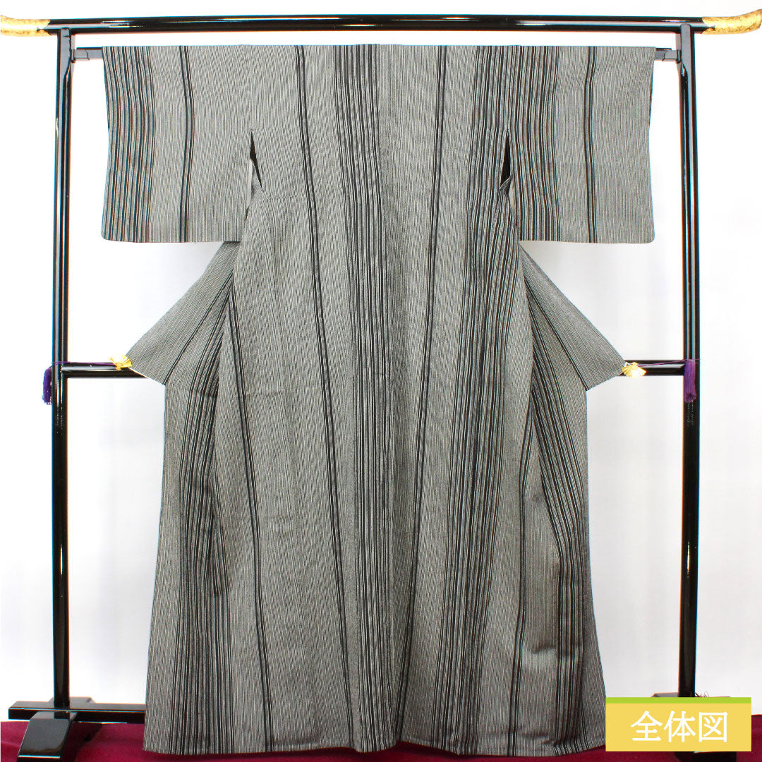 紬 正絹 身丈165.5cm 裄丈65cm 縞 Sランク 単衣 モノトーン 1116003692527